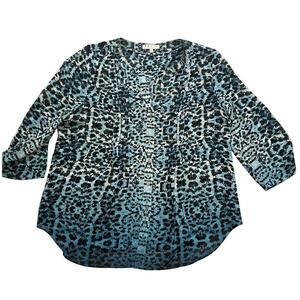 Chaus Woman Blue Print Semi-Sheer 3/4 Sleeve V-Neck Tunic Blouse - Large